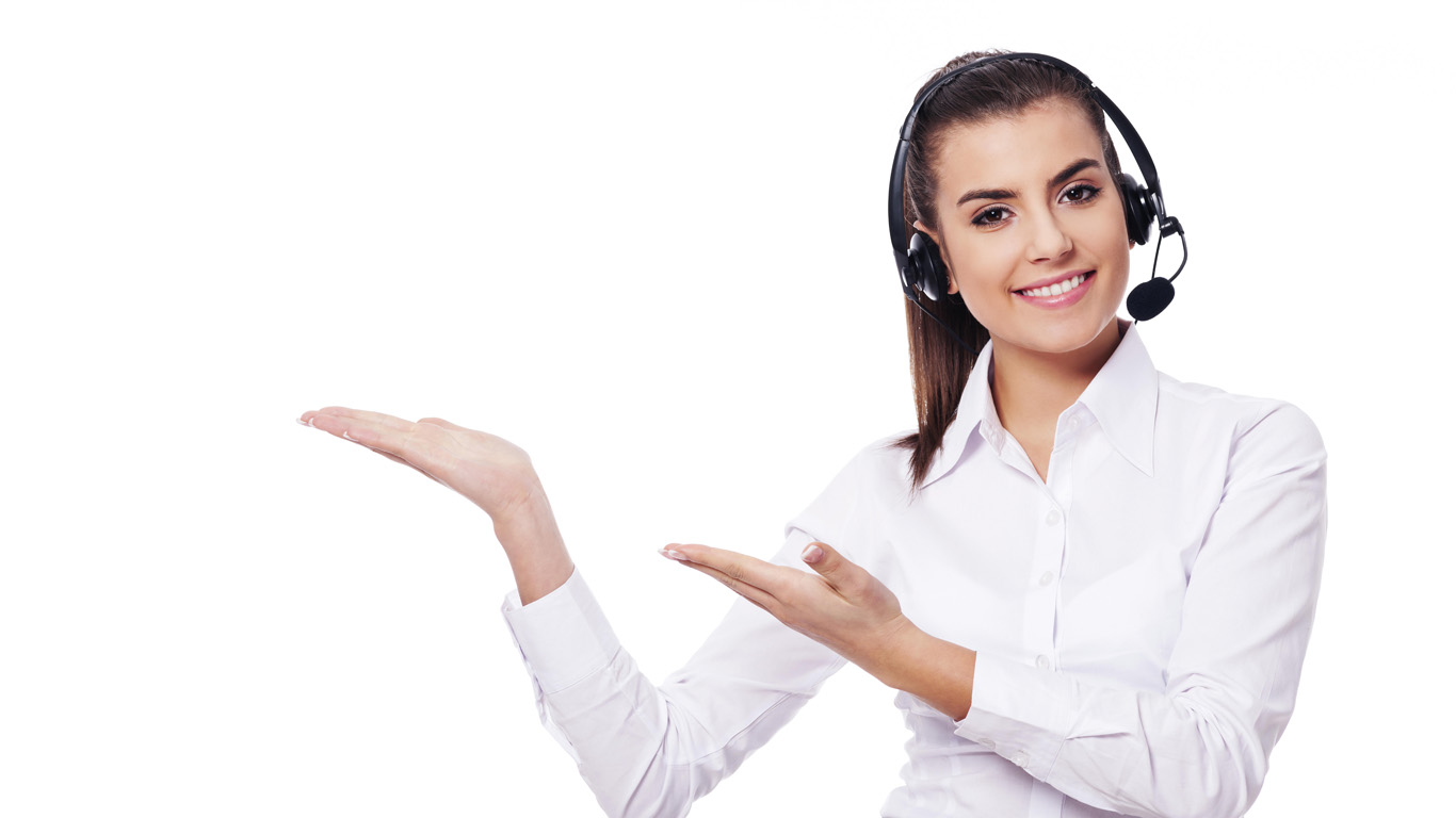 Smiling woman in headset presentation something