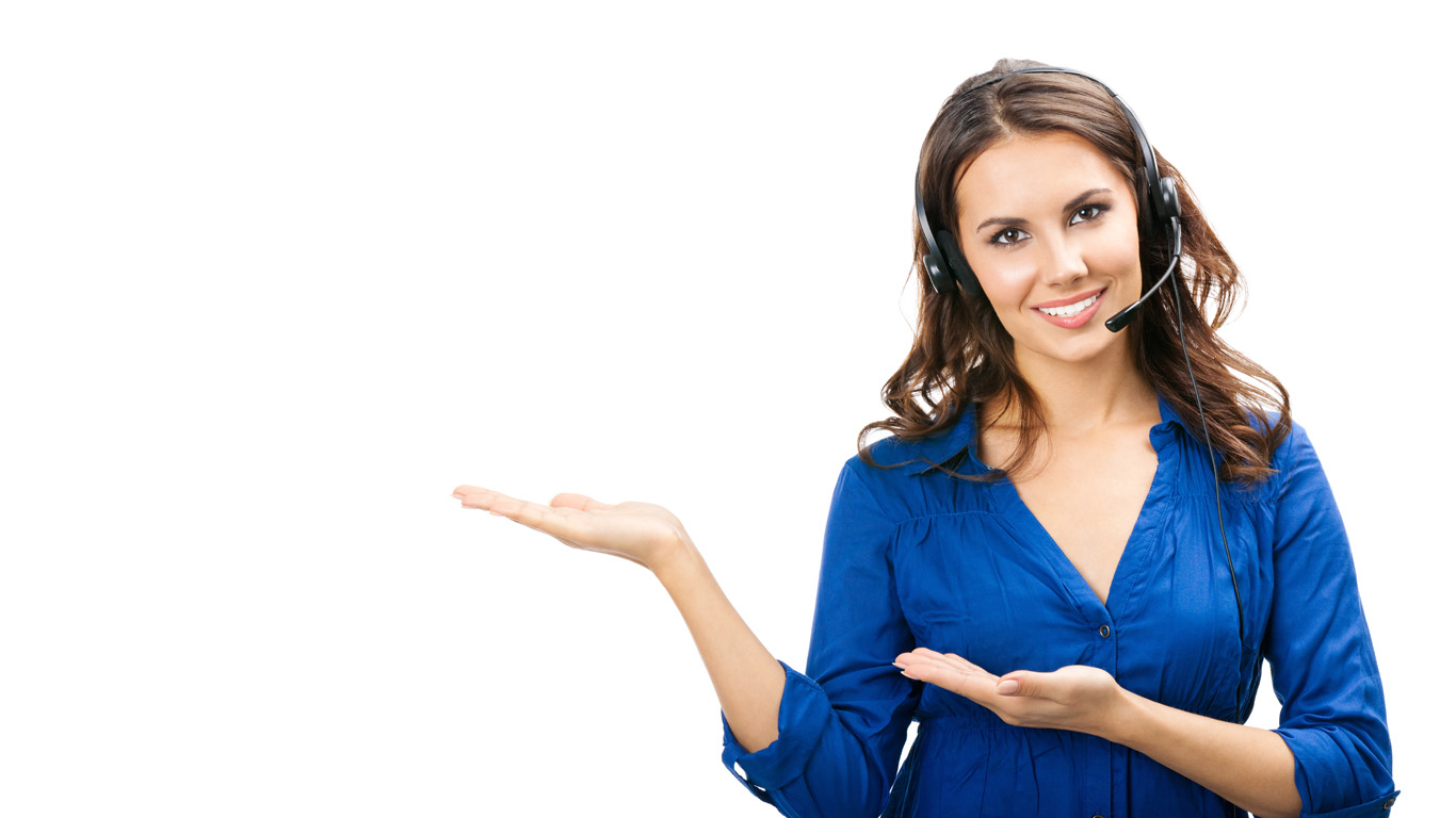 Portrait of happy smiling cheerful young support phone operator in headset showing copyspace area or something, isolated over white background